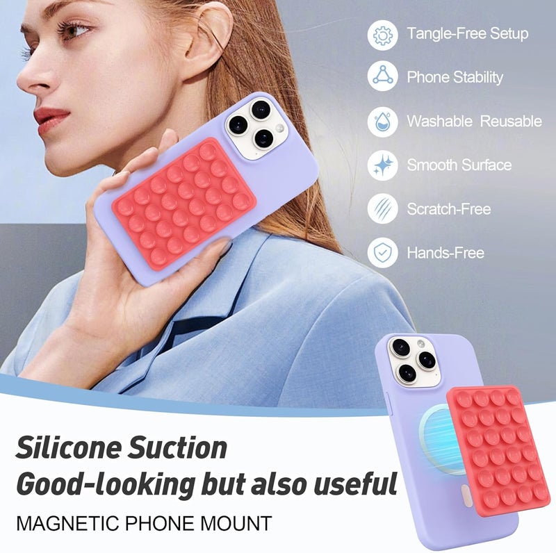 OPOM Magnetic Suction Phone Mount for MagSafe Case,Silicone Sticky Phone Grip Holder for iPhone,Removable Hands-Free Selfie/Video for TikTok & Instagram Influencer/Creator (Rose Red) - Image 3